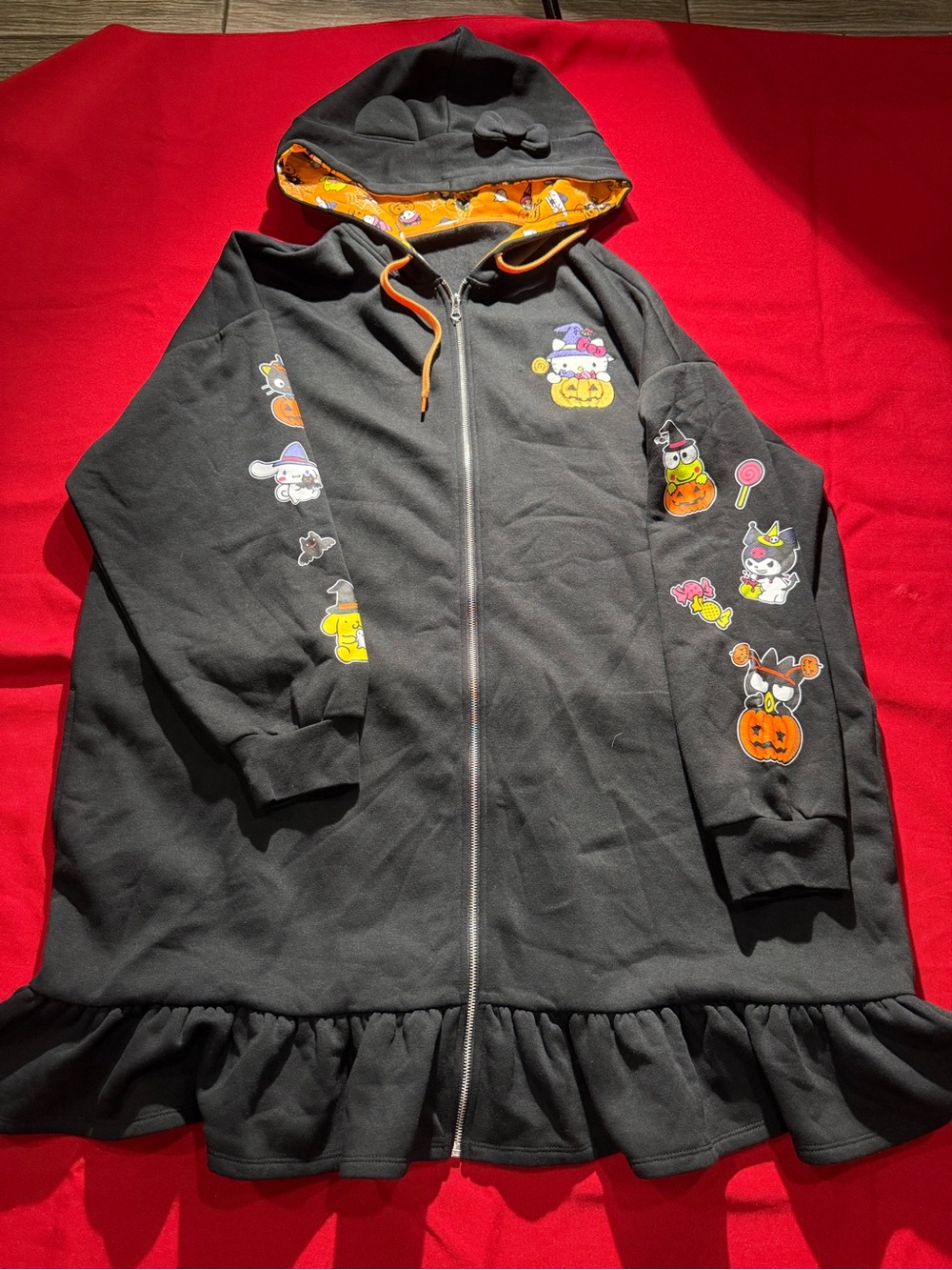 Sanrio Black Hoodie Dress with Orange Lined Hood and Halloween Appliqués